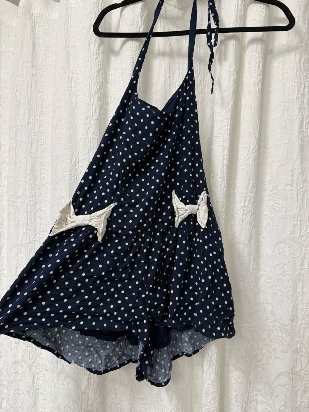 Free People Navy Polka Dot Halter Romper with White Bow Details